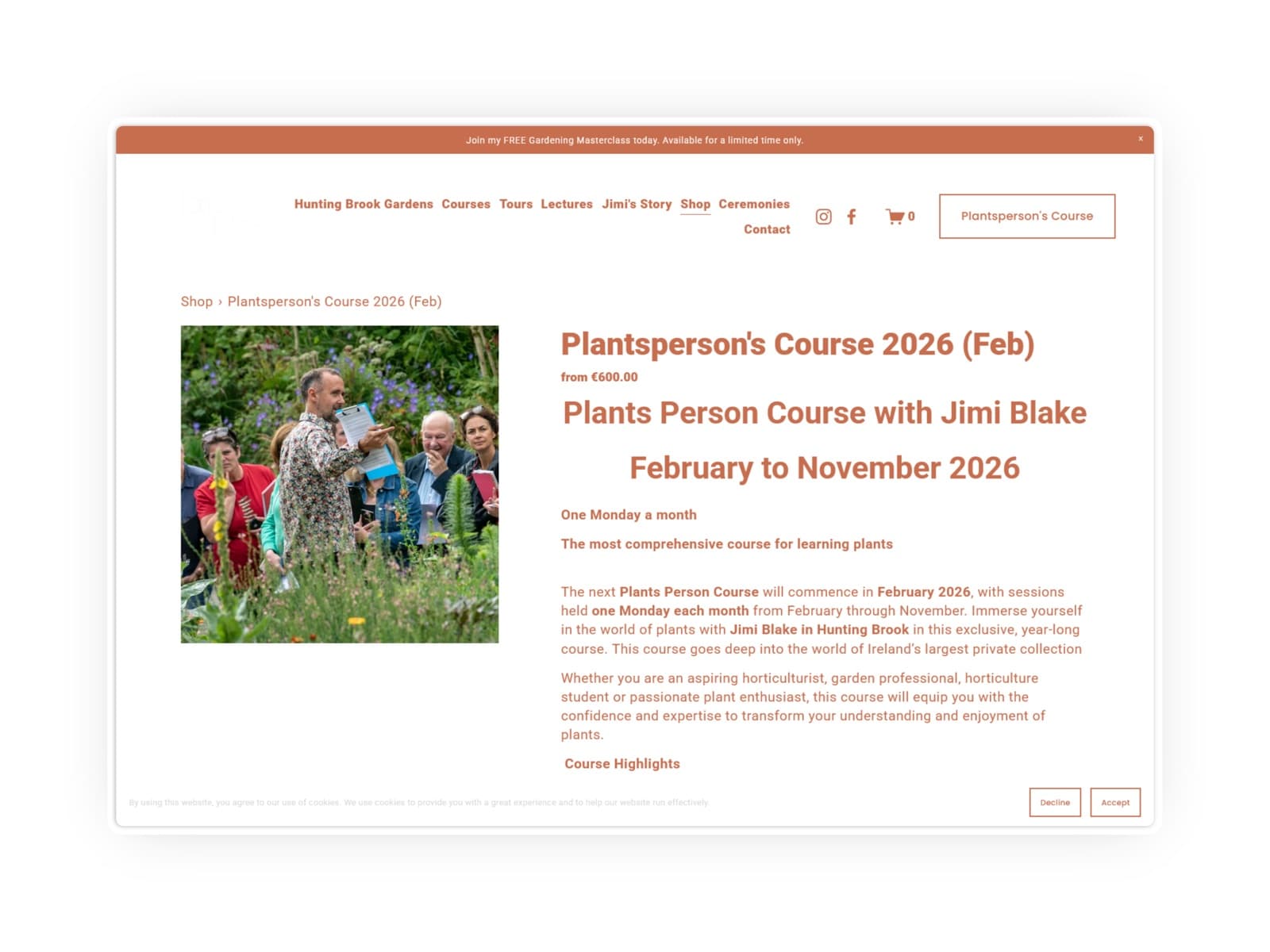 Hunting Brook Gardens website before the rebuild