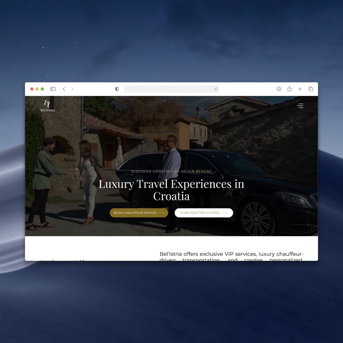 Bel'Istria site in a browser window, showing the Croatia luxury travel homepage