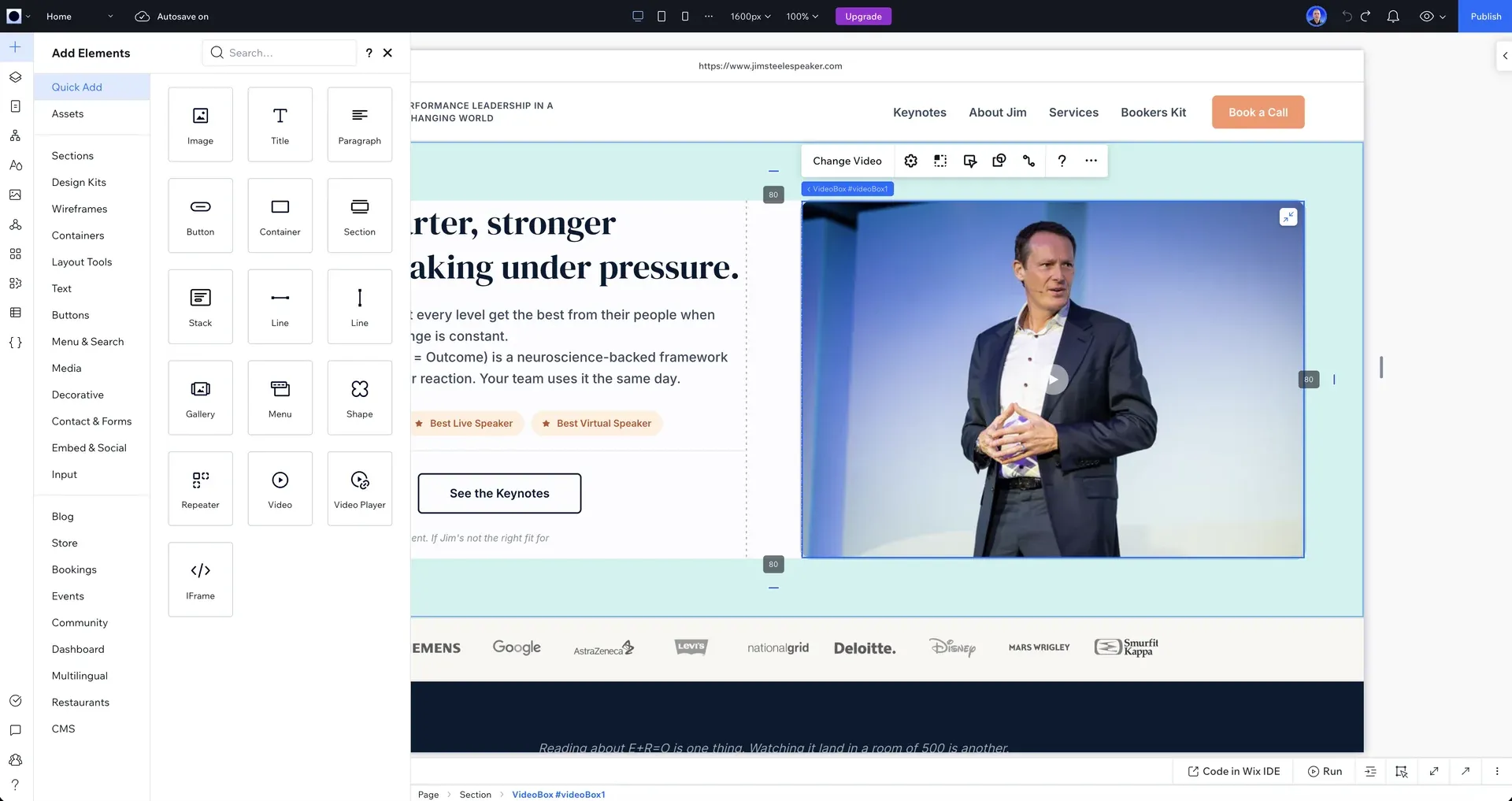 The Wix Studio editor with the same speaker website open, showing the Add Elements panel with sections, layout tools, CMS and repeaters alongside breakpoint controls