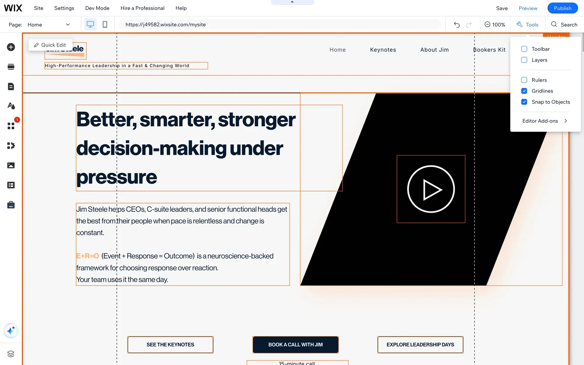 The standard Wix editor with a speaker website open on the canvas, showing the toolbar, gridlines and the Tools menu with rulers and snap to objects options