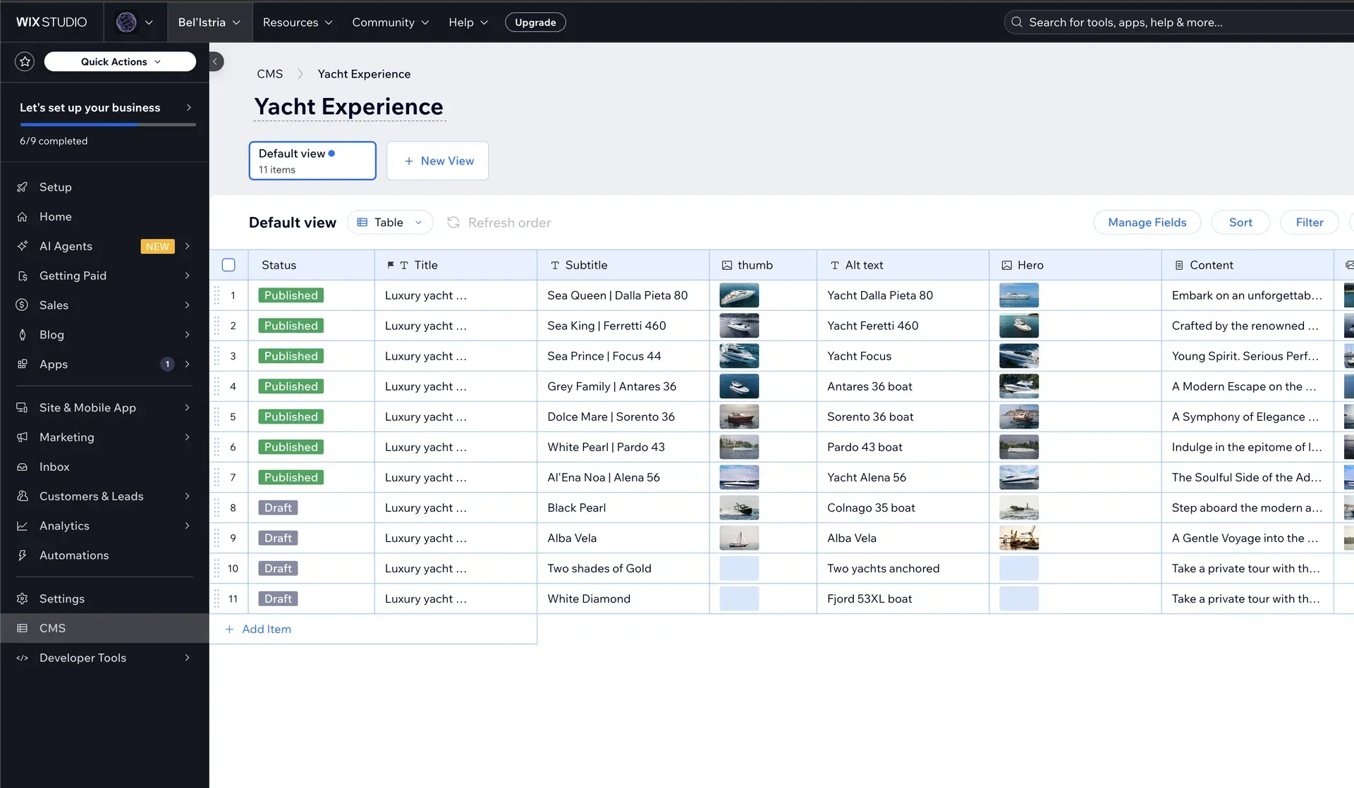 A Wix Studio CMS collection called Yacht Experience with eleven rows, each holding a title, subtitle, thumbnail, alt text, hero image and content field, seven published and four in draft
