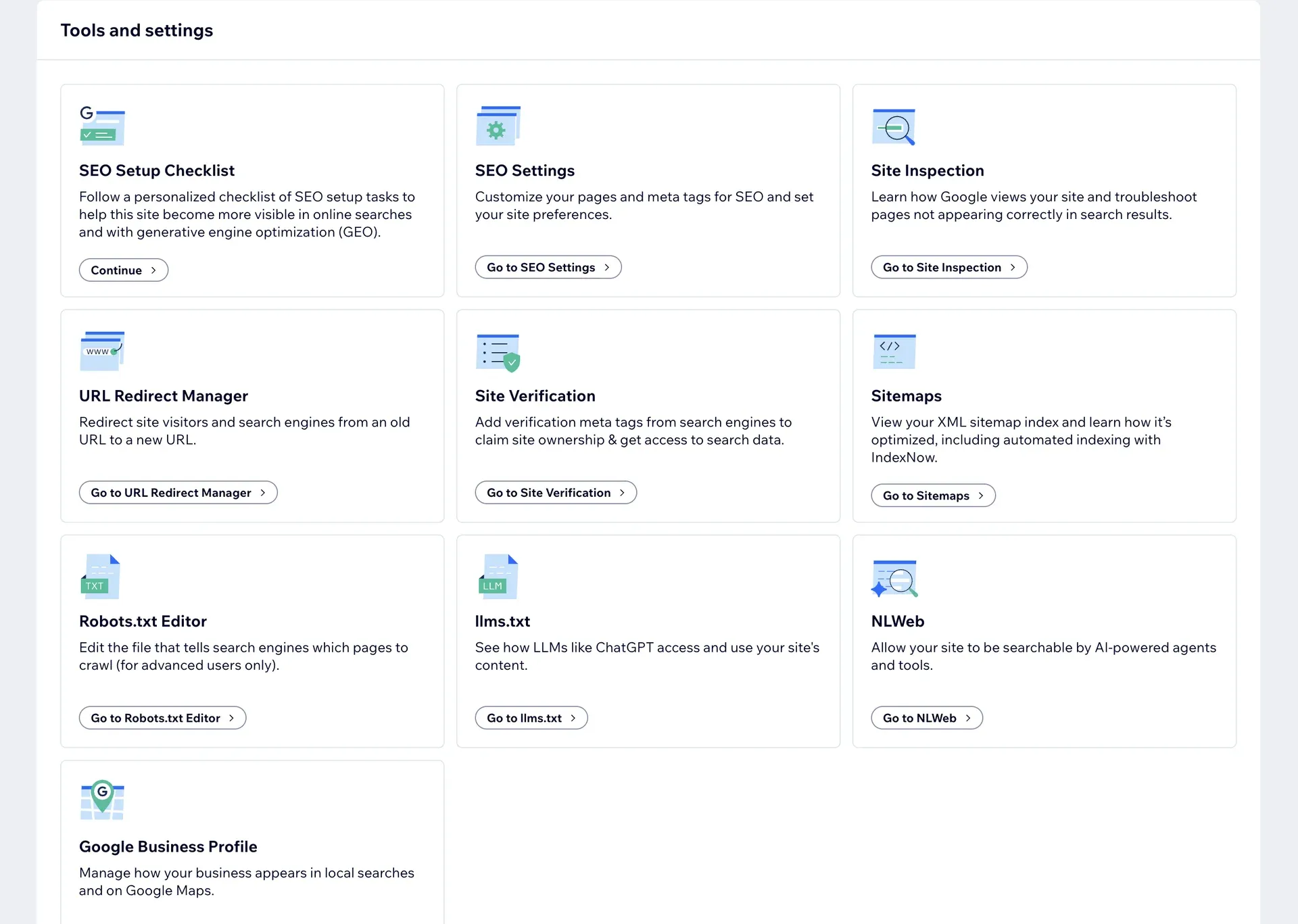 The Wix SEO tools and settings panel showing the SEO setup checklist, SEO settings, site inspection, URL redirect manager, site verification, sitemaps, robots.txt editor, llms.txt and NLWeb