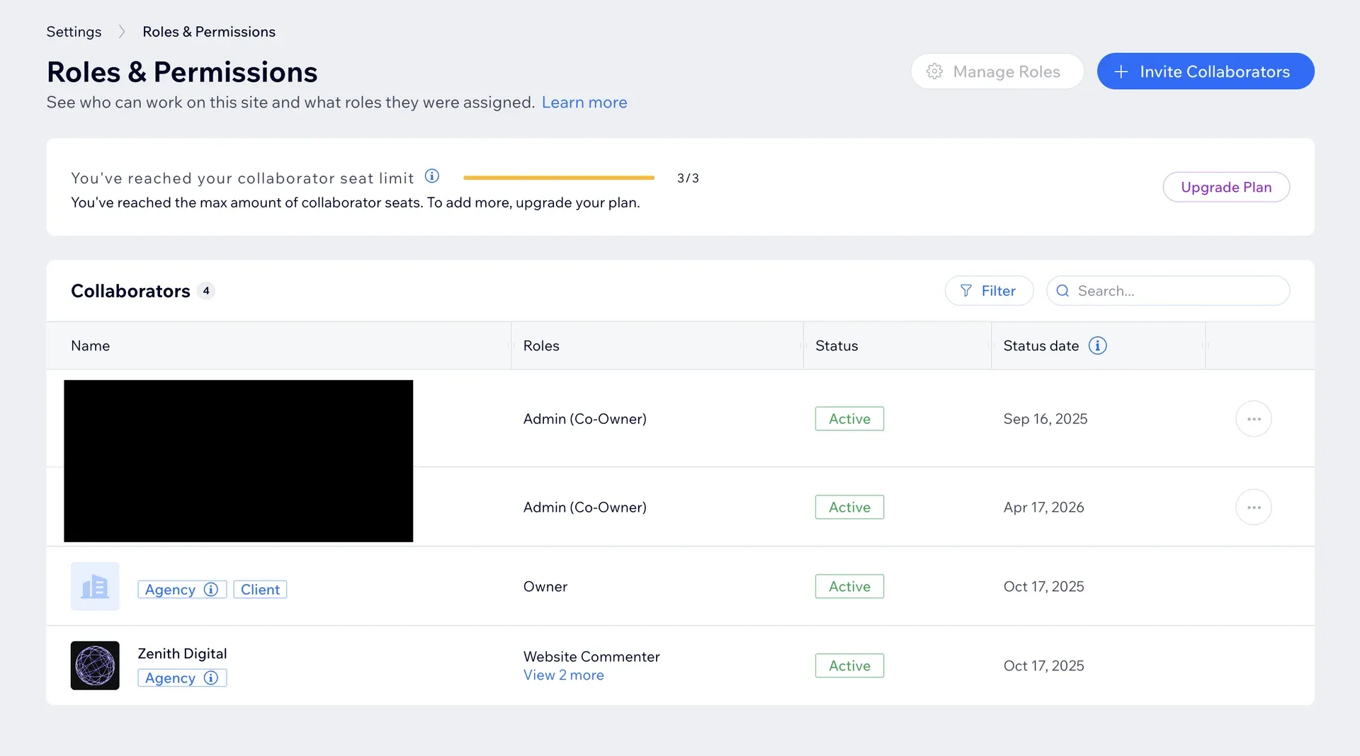 The roles and permissions screen of a Wix Studio client site showing four collaborators with role-based access, a reached limit of three collaborator seats, and Zenith Digital listed as the agency