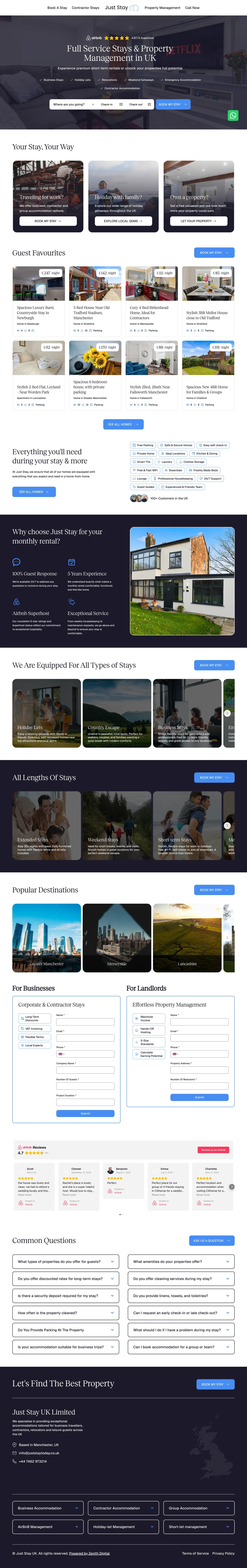 The full Just Stay homepage: the short-let booking hero, featured properties, the direct booking pitch, and the landlord enquiry footer