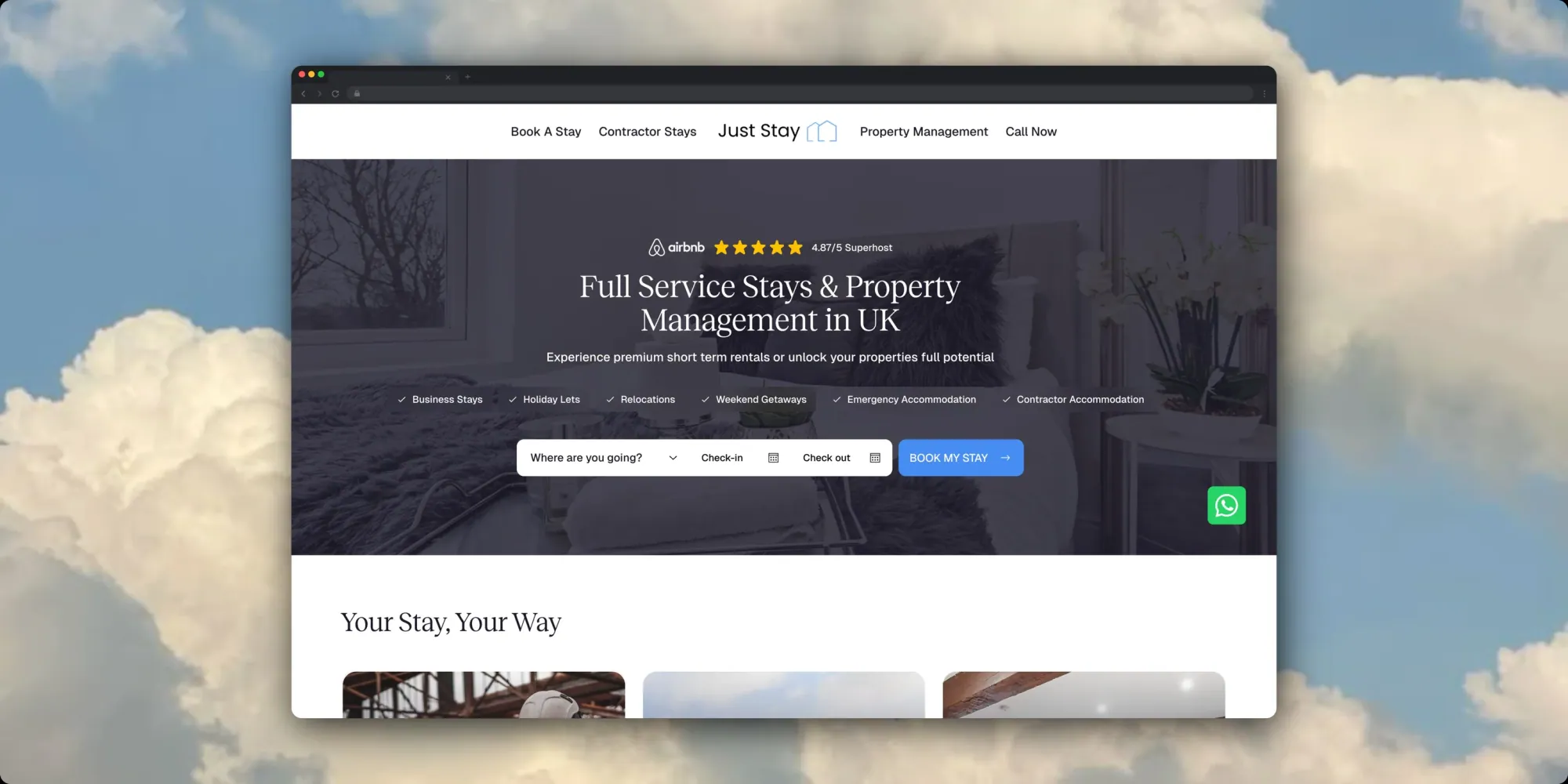 Just Stay website in a browser window, showing short-let properties with direct booking calls to action