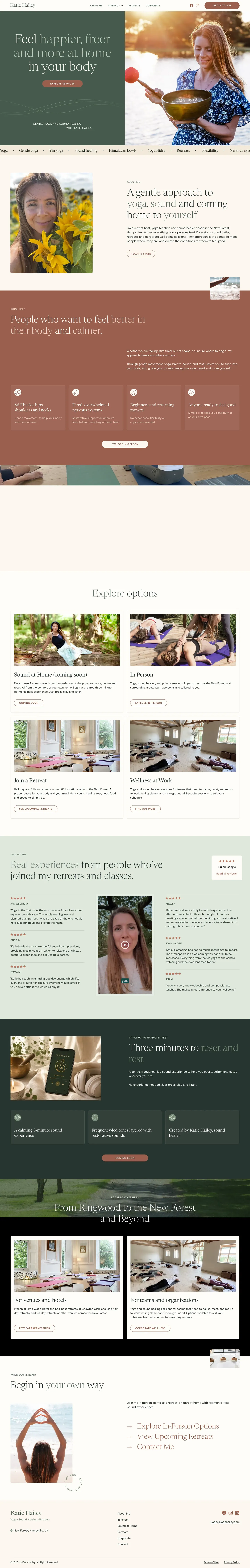 The full Katie Hailey homepage: the yoga and sound healing hero, class types, the retreat offer, and the booking footer