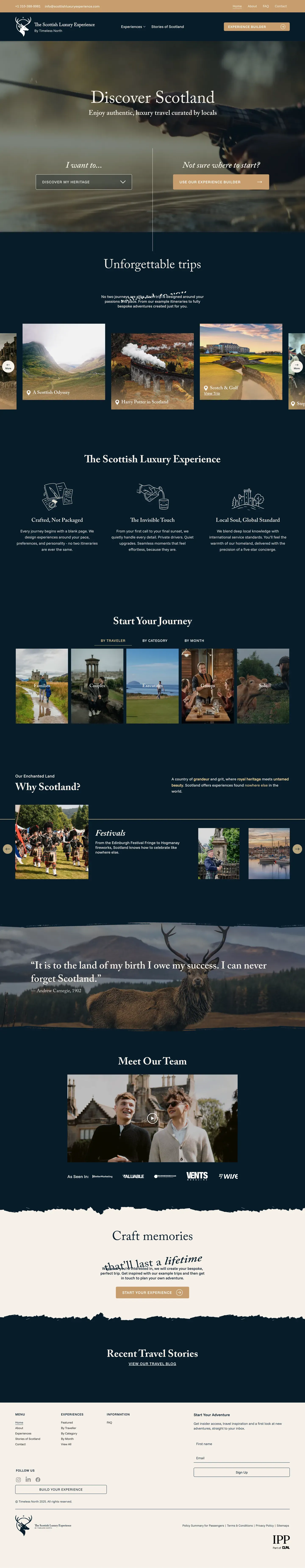 The full Scottish Luxury Experience homepage in one pass: the Discover Scotland hero, tailored trip cards, the experience builder, Why Scotland, the team film, and the travel stories footer