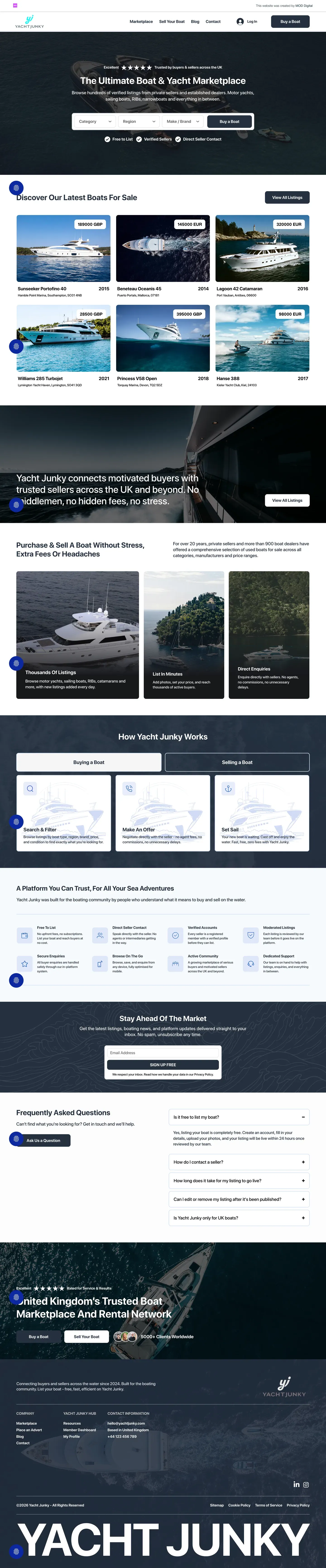 The full Yacht Junky homepage: the marketplace hero, the listing search, seller categories, and the sign-up footer