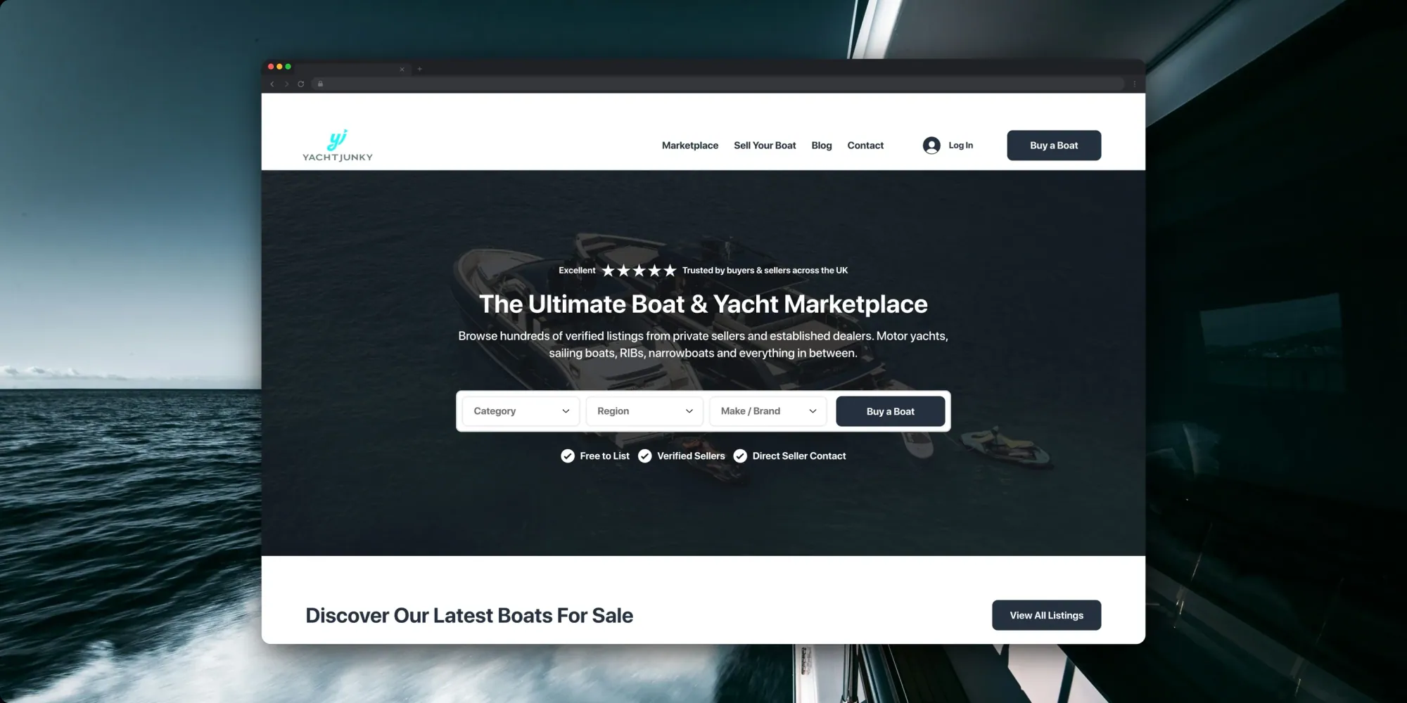 Yacht Junky marketplace homepage: the ultimate boat and yacht marketplace, with category search and featured listings